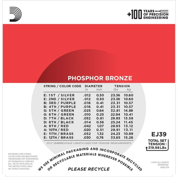 D'Addario EJ39 Cтруны для 12-струнной гитары, Phosphor Bronze, Medium 12-52 - 1