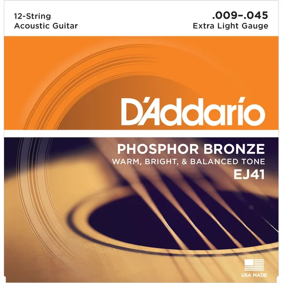 D'Addario EJ41 Струны для акустической 12-ти струнной гитары, фосфор/бронза, Extra Light 9-45 - 0