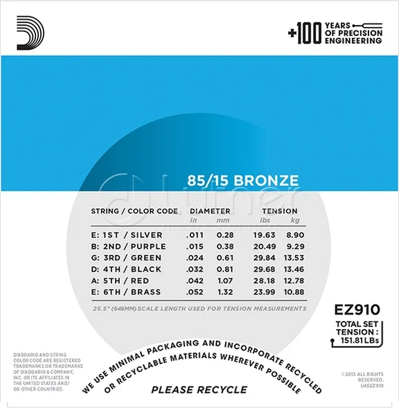 D`Addario EZ910 AMERICAN BRONZE 85/15 Струны для акустической гитары Light 11-52 - 1